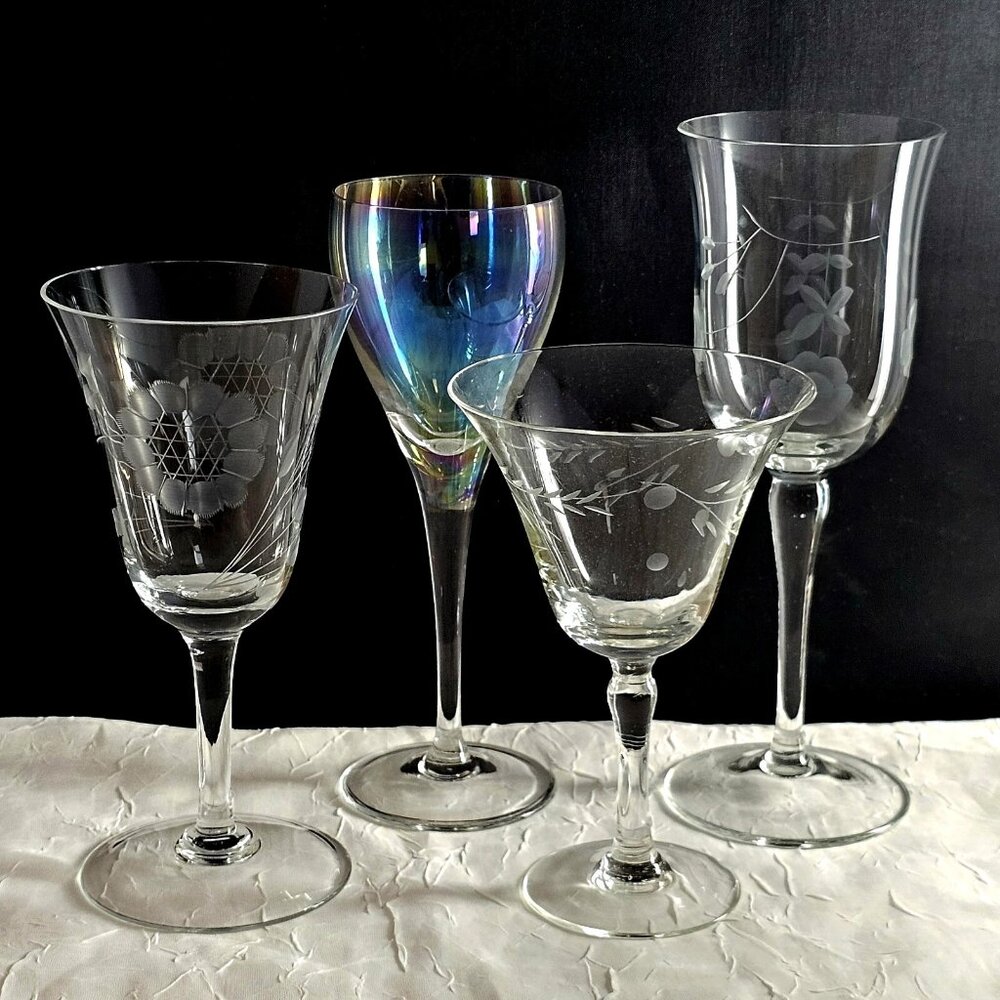 4 Mismatched Cordials Cocktail Glasses vtg mixed etched cut iridescent party